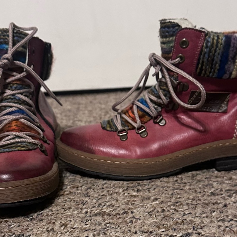 Rieker Red Combat Boots with Glossy Finish and Knit Detail